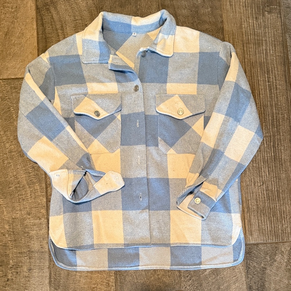 Blue and Cream Plaid Button-Up Shacket